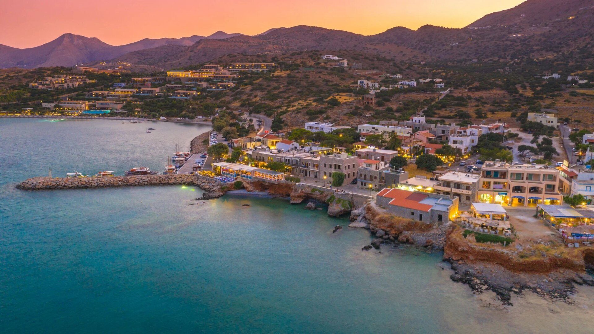 Plaka village at sunset, with Elounda bay